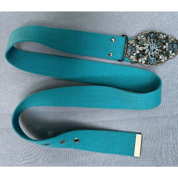 Beautiful Enamel and crystal Belt Buckle on a Wide Turquoise Belt - size 11 39" - Picture 2 of 6
